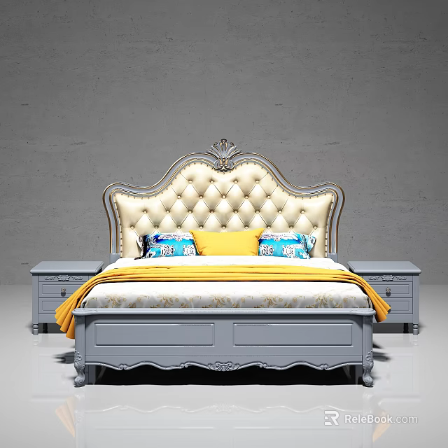 Classic Double Bed With Upholstered Headboard Diamond Tufted Gray Frame Drawer Storage And Side Nightstands 3d model 