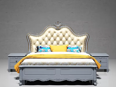 Classic Double Bed With Upholstered Headboard Diamond Tufted Gray Frame Drawer Storage And Side Nightstands 3d model