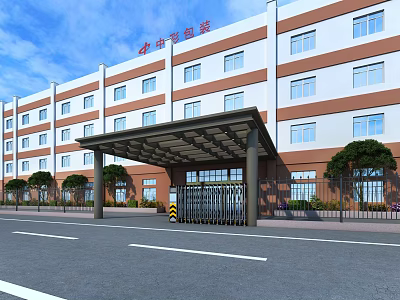 Building Exterior Wall With White And Brown Panels Multiple Rectangular Windows And Covered Entrance 3d model