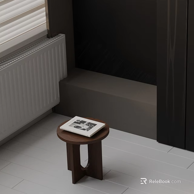Wooden Side Table With Book On Top Beside Window And Radiator On Floor 3d model 