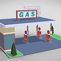 Cartoon Style Gas Station Scene With Roof GAS Sign Fuel Pumps And Green Trees