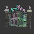 Wrought Iron Entrance Gate With Stone Pillars And Ornate Lamps On Top