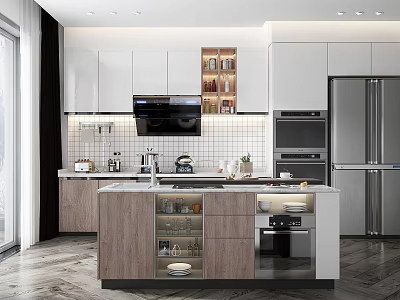 Modern Kitchen Interior With White Cabinets Wooden Island And Stainless Steel Appliances 3d model