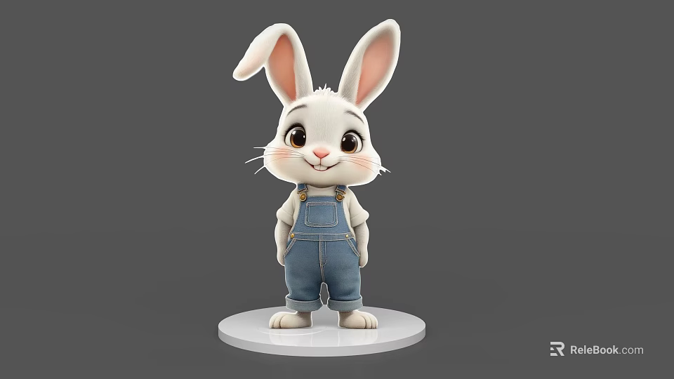 Cute 3D Rabbit Character With White Body Long Ears And Blue Overalls On White Base 3d model 