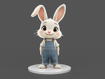 Cute 3D Rabbit Character With White Body Long Ears And Blue Overalls On White Base 3d model