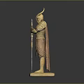 Mythical Warrior Statue With Horned Helmet Armor And Sword On Base