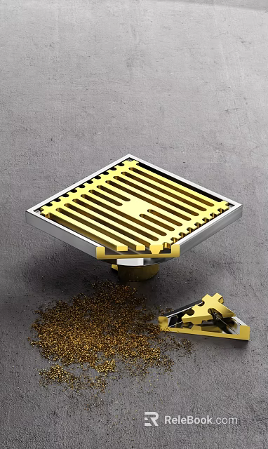 Golden Square Floor Drain With Grid Design For Bathroom Floor Drainage 3d model 