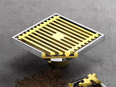 Golden Square Floor Drain With Grid Design For Bathroom Floor Drainage 3d model