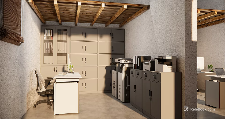 Modern Office Space with Wooden Ceiling Lockers Desk Printers and File Cabinets 3d model 