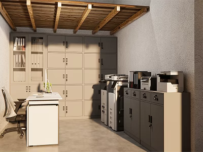 Modern Office Space with Wooden Ceiling Lockers Desk Printers and File Cabinets 3d model