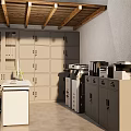 Modern Office Space with Wooden Ceiling Lockers Desk Printers and File Cabinets