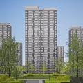 Modern High Rise Residential Building With Glass Curtain Walls And Surrounding Greenery