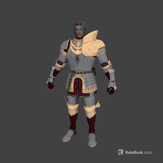 Medieval Warrior Character Wearing Detailed Plate Armor With Gold Red And Gray Accents 3d model 