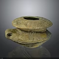 Ancient Clay Vessel With Carved Patterns Lid And Handle Earth Toned Design