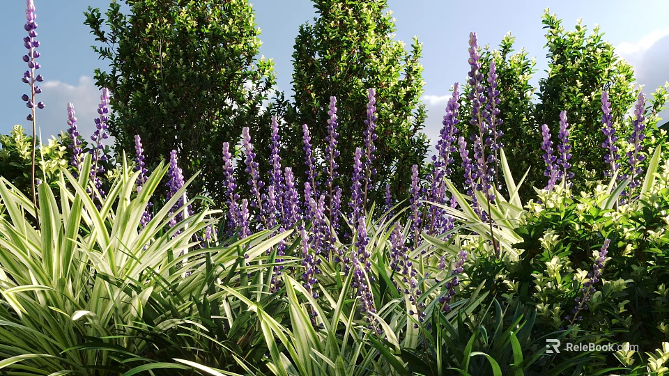 Lush Green Shrubs With Purple Flowers In Garden Landscape And Vibrant Foliage 3d model 