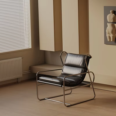 Black Leather Leisure Chair With Metal Frame In Modern Minimalist Living Room 3d model