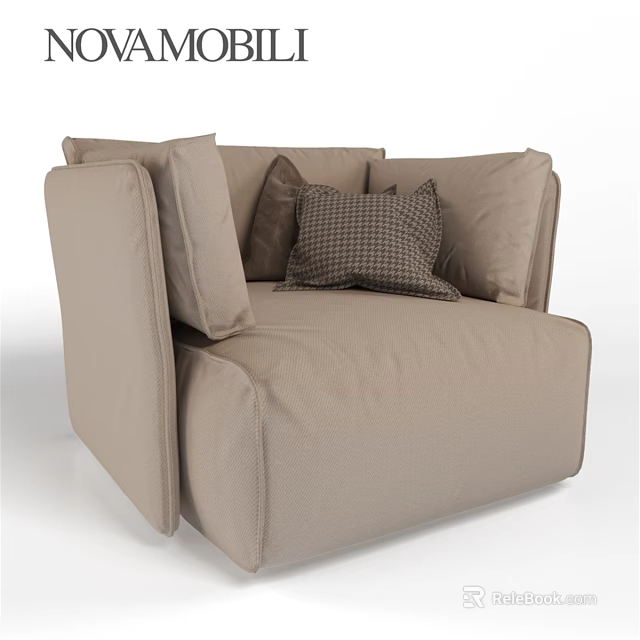 Beige Fabric Lounge Chair With Plaid Cushions And Modern Comfortable Design 3d model 