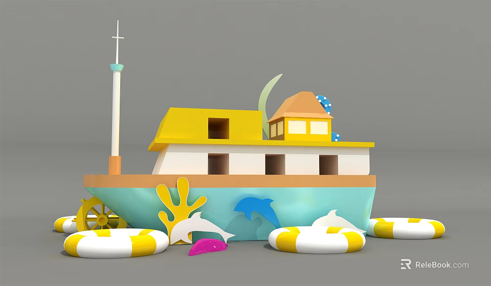 Cartoon Style Boat With Yellow Roof Blue Hull Life Rings Dolphins And Corals 3d model 