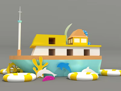 Cartoon Style Boat With Yellow Roof Blue Hull Life Rings Dolphins And Corals 3d model