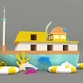 Cartoon Style Boat With Yellow Roof Blue Hull Life Rings Dolphins And Corals