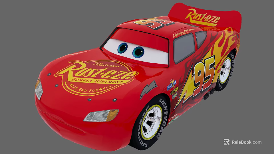 Red Racing Car With Flame Decals Rusteze Logo Number 95 And Big Eyes 3d model 