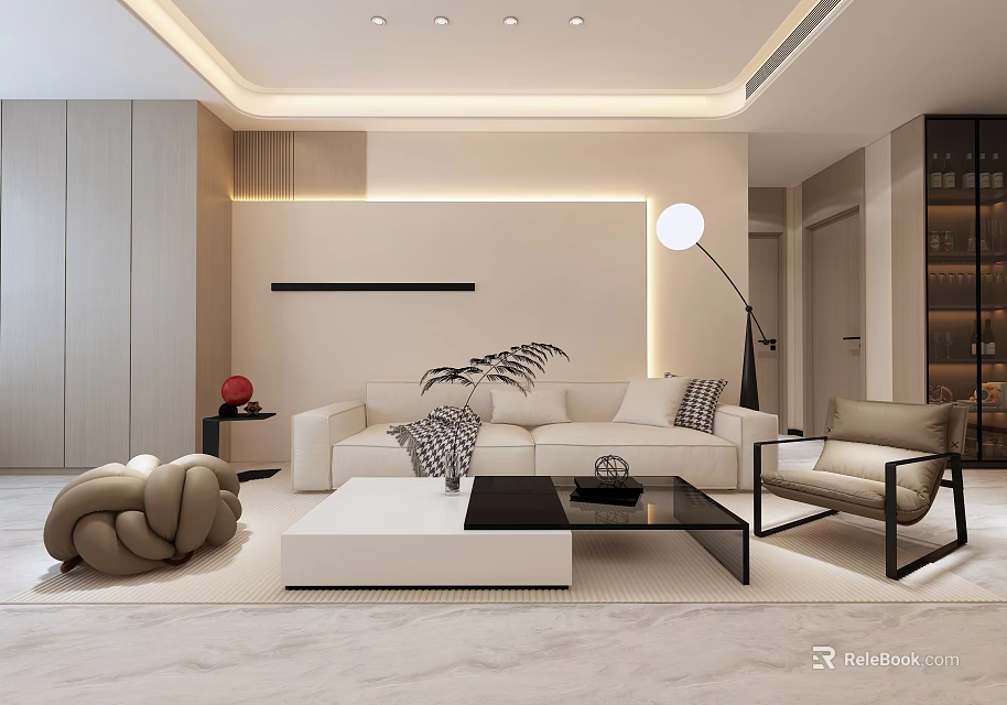 Modern Living Room Interior Design With Beige Sofa Woven Accent Chair Coffee Table And Floor Lamp 3d model 