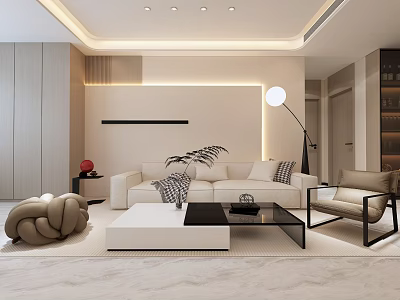 Modern Living Room Interior Design With Beige Sofa Woven Accent Chair Coffee Table And Floor Lamp 3d model