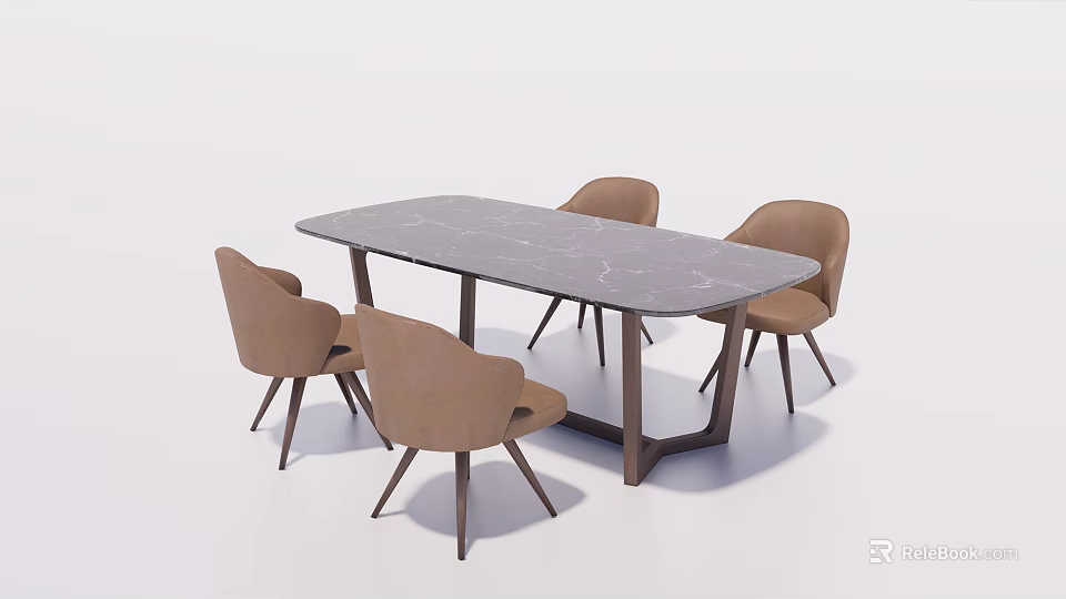 Modern Rectangular Dining Table Set With Marble Top And Beige Chairs 3d model