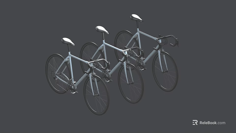 Three White Bicycles Arranged Side By Side On Gray Background With Minimalist Design 3d model 