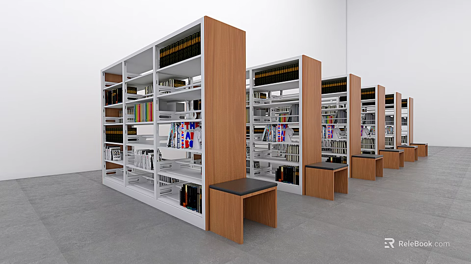 Modern Wooden And White Bookcase Units With Books Magazines And Small Benches 3d model 