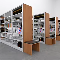 Modern Wooden And White Bookcase Units With Books Magazines And Small Benches