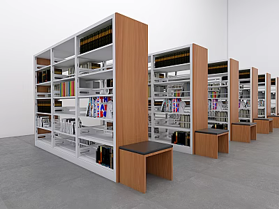 Modern Wooden And White Bookcase Units With Books Magazines And Small Benches 3d model