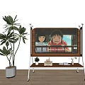 TV on Wooden Stand with Metal Legs Small Potted Plant Books and Large Green Plant