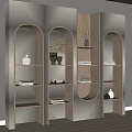 Modern Wooden Display Shelves With Arched Design Built In Lighting And Decorative Items