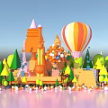 Modern Cartoon Meichen Hot Air Balloon Cartoon Tree Forest Castle Cute Interactive Meichen 3d model