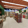 Convenience Store Green Red Storefront With Outdoor Seating Umbrellas And Glass Display Windows