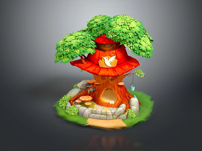 Cartoon Scene Featuring Red Roof Tree House Green Leaves Mushrooms And Stone Path 3d model