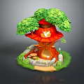 Cartoon Scene Featuring Red Roof Tree House Green Leaves Mushrooms And Stone Path