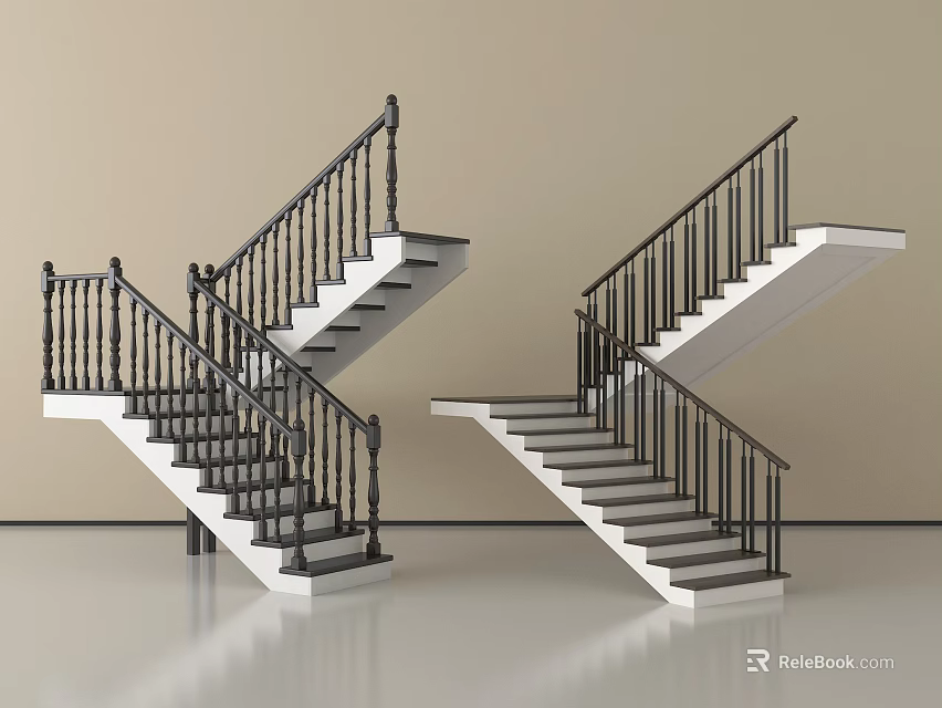 Elegant Modern Staircase With Black Metal Railings And White Steps Design 3d model 