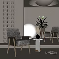 Gray Linen Leisure Chairs With Wooden Armrests And Indoor Plant Moon Decor Side Table