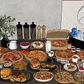 Assorted Delicious Takeout Food Spread with Pizzas Hamburgers Salads Onion Rings and Drinks