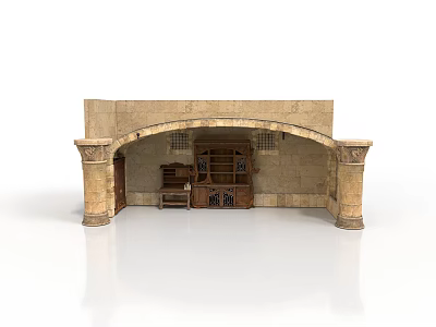 Classical Architectural Interior Scene With Arched Structure Stone Columns And Wooden Bookshelves 3d model