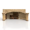 Classical Architectural Interior Scene With Arched Structure Stone Columns And Wooden Bookshelves