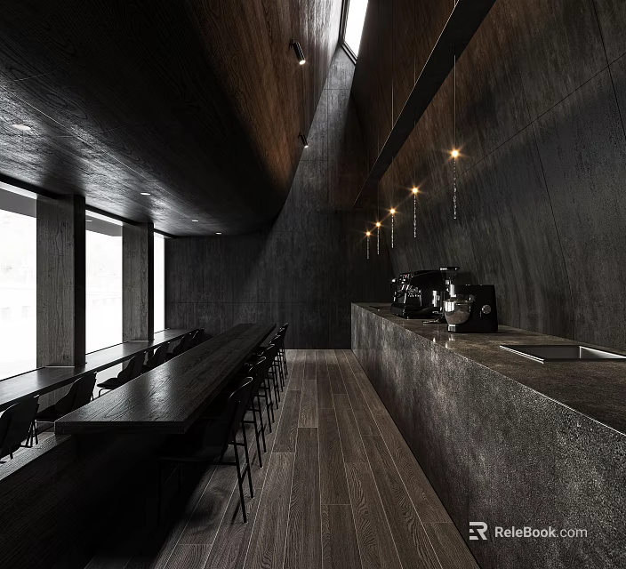 Modern Café Interior Design With Dark Walls Long Tables Bar Counter And Pendant Lights 3d model 