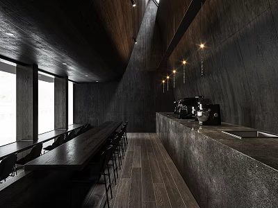 Modern Café Interior Design With Dark Walls Long Tables Bar Counter And Pendant Lights 3d model