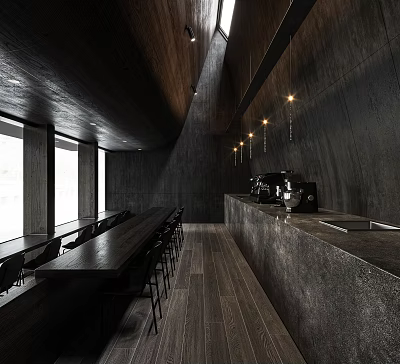 Modern Café Interior Design With Dark Walls Long Tables Bar Counter And Pendant Lights 3d model
