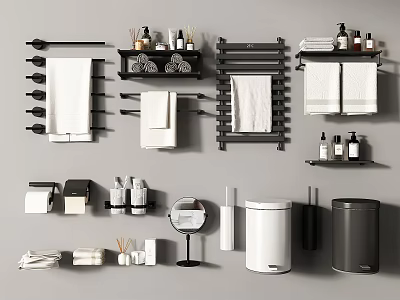 Stylish Bathroom Accessories With Towel Racks Towels Toiletries Mirrors Shelves And Trash Cans 3d model