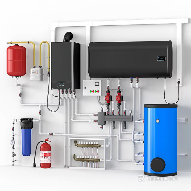 Industrial Style Decorative Ornament Set With Red Tank Black Heater Blue Cylinder And Pipes 3d model 