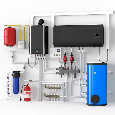 Industrial Style Decorative Ornament Set With Red Tank Black Heater Blue Cylinder And Pipes 3d model