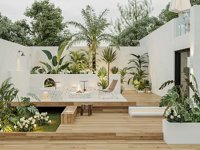 Modern Outdoor Garden With Wooden Deck Various Tropical Plants Furniture White Walls Steps And Lighting 3d model